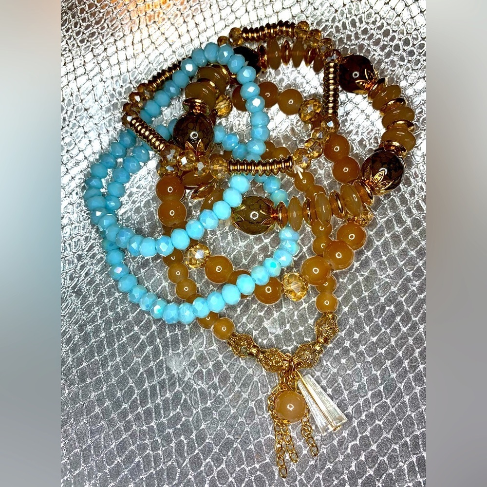 FRIENDSHIP BRACELETS 6 Strands Blue Crystal and Tan Stone Stretchy TAYLOR SWIFT